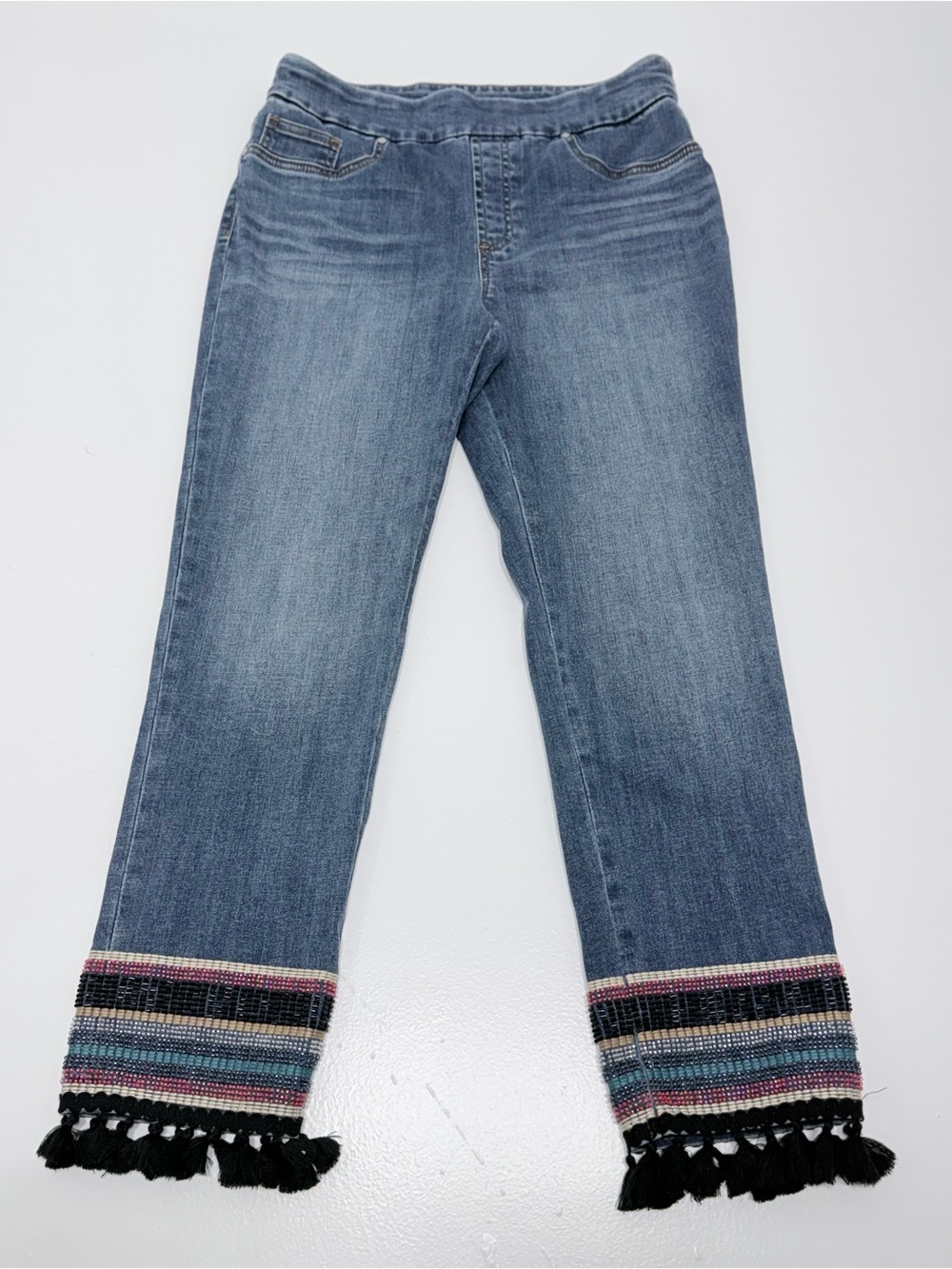 Chico’s Jegging Ankle Jeans Women US 6 Blue Beaded Tassel Fringe Boho Pull On